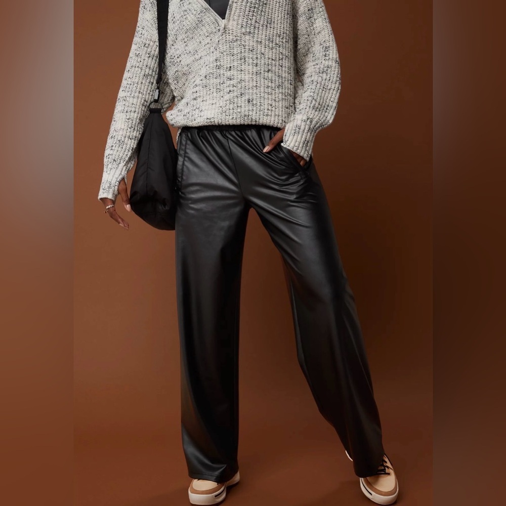 Aerie Real Luxe Black Wide-Leg Faux Leather Pants
